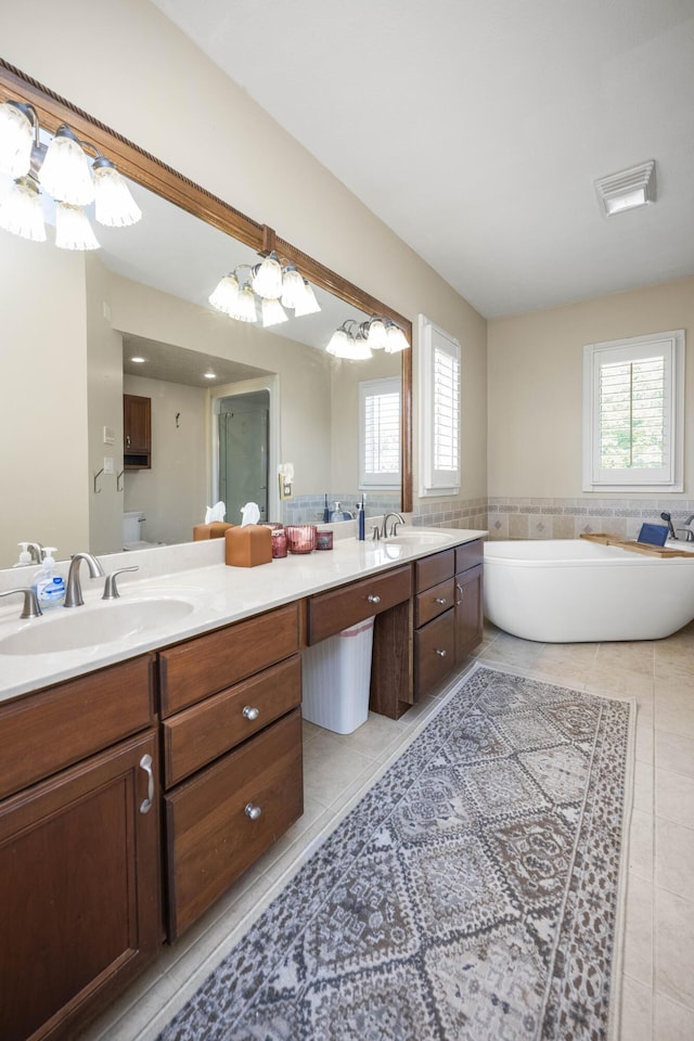 bathroom with a healthy amount of sunlight, double vanity, and a sink