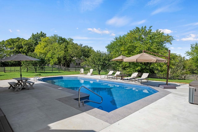 view of swimming pool with a patio area and a yard