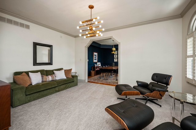 carpeted living room with a notable chandelier and crown molding