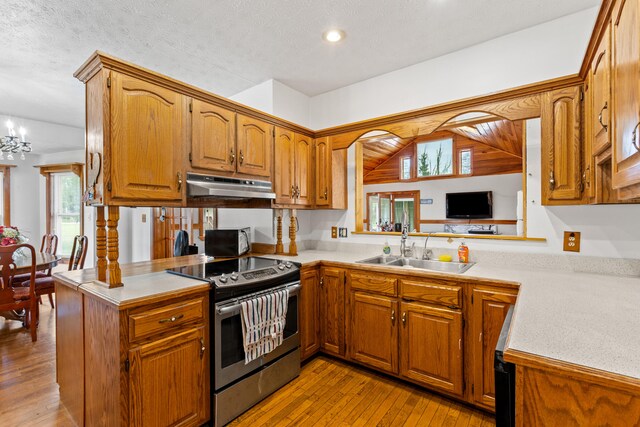 kitchen featuring electric range, a notable chandelier, kitchen peninsula, and light hardwood / wood-style floors