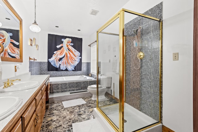 full bathroom featuring toilet, plus walk in shower, tile patterned flooring, and dual bowl vanity