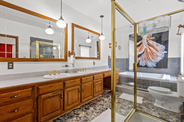 full bathroom featuring dual bowl vanity, separate shower and tub, tile patterned floors, and toilet