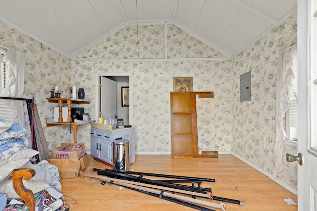 exercise room featuring vaulted ceiling, ornamental molding, hardwood / wood-style flooring, and electric panel