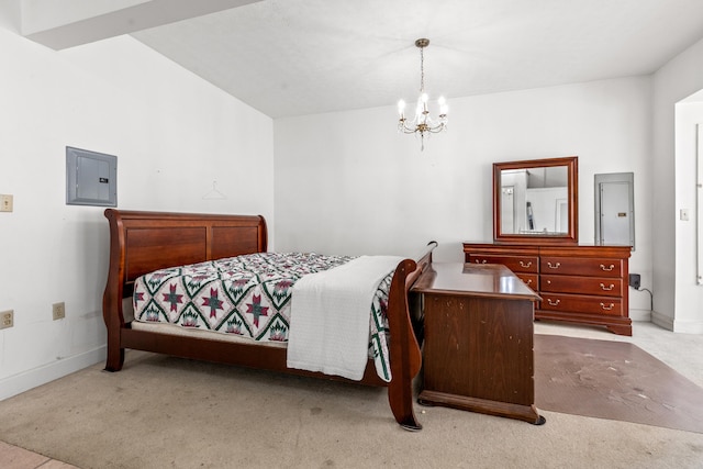 bedroom featuring electric panel, light colored carpet, and an inviting chandelier