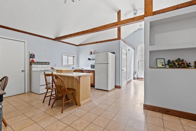 kitchen with white appliances, a kitchen breakfast bar, a kitchen island, light tile patterned floors, and lofted ceiling with beams