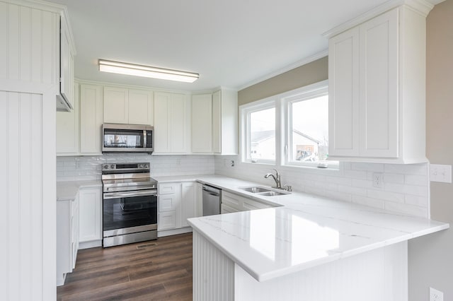 kitchen featuring dark wood-type flooring, appliances with stainless steel finishes, sink, white cabinetry, and kitchen peninsula