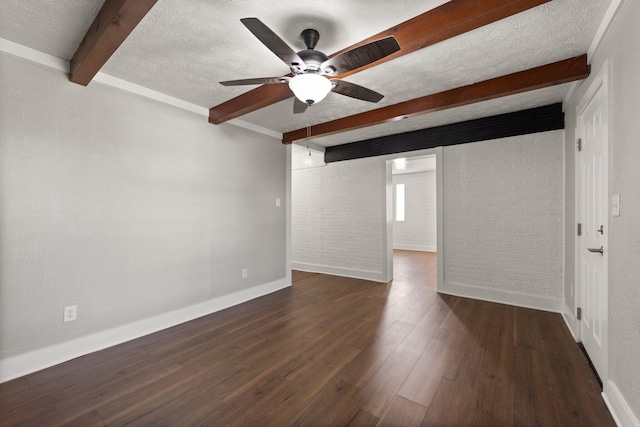 interior space with ceiling fan, hardwood / wood-style flooring, a textured ceiling, and beamed ceiling