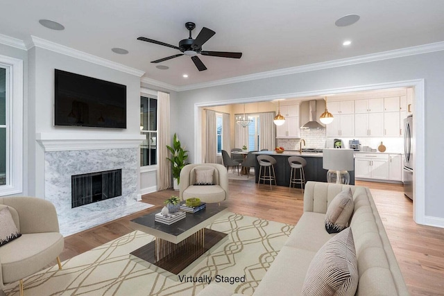 living room featuring light wood-type flooring, a premium fireplace, and crown molding