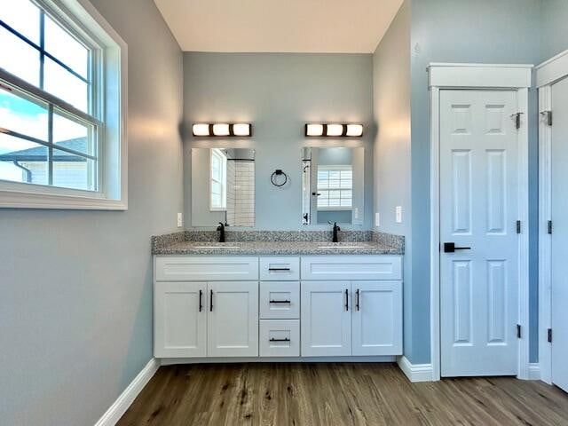 bathroom with double vanity and wood-type flooring