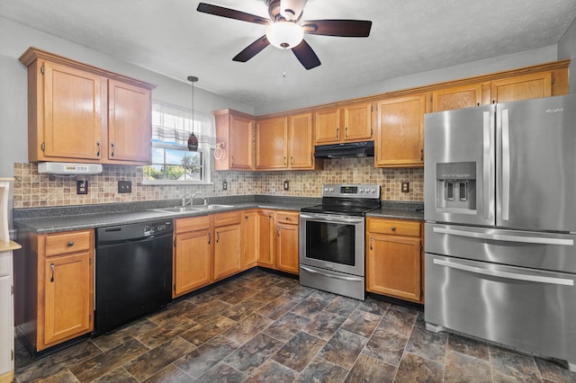 kitchen with tasteful backsplash, ventilation hood, appliances with stainless steel finishes, ceiling fan, and decorative light fixtures