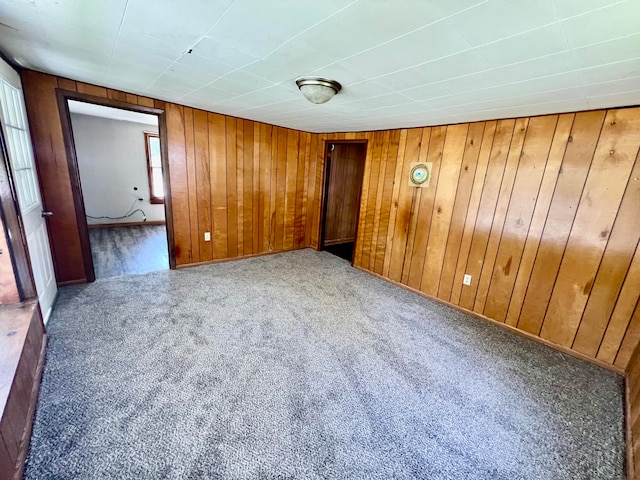 carpeted empty room with wooden walls