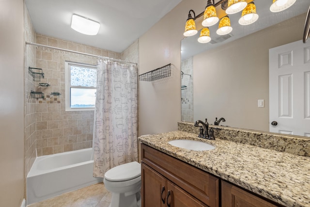 full bathroom with tile patterned flooring, toilet, shower / bathtub combination with curtain, and vanity