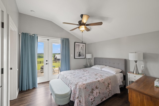 bedroom with dark wood-type flooring, french doors, access to outside, ceiling fan, and lofted ceiling