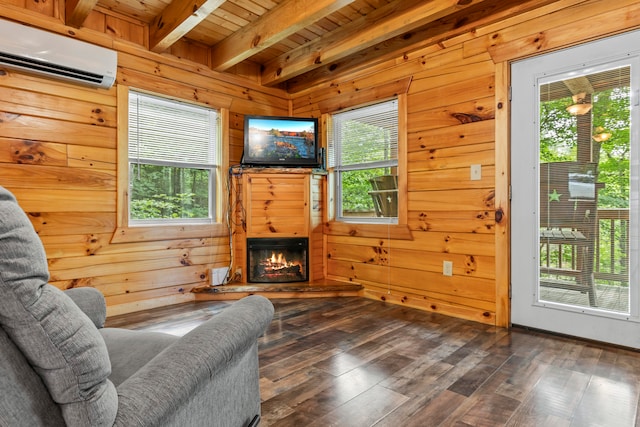 interior space featuring wood ceiling, dark hardwood / wood-style flooring, beamed ceiling, and a wall unit AC