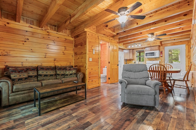 living room with ceiling fan, wood-type flooring, wooden walls, and wood ceiling