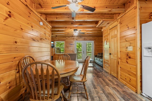 dining space with beam ceiling, hardwood / wood-style floors, french doors, ceiling fan, and wooden ceiling