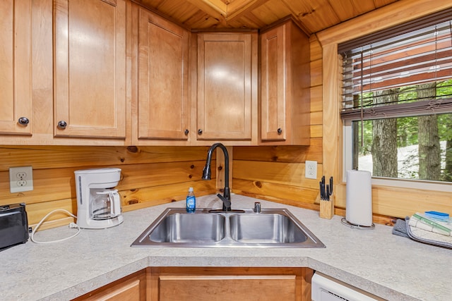 kitchen featuring sink, wood walls, and wood ceiling