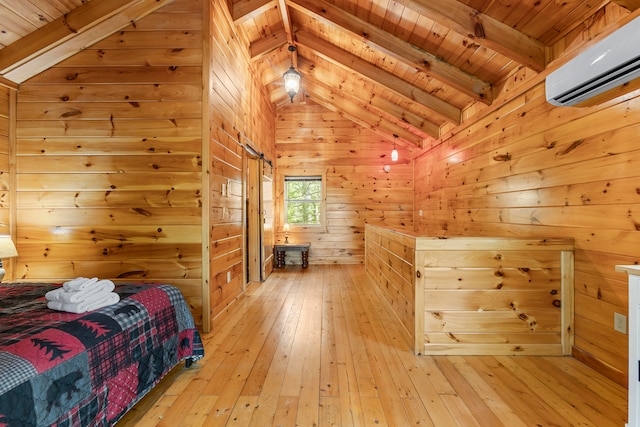 bedroom featuring vaulted ceiling with beams, a wall unit AC, light hardwood / wood-style floors, and wood ceiling