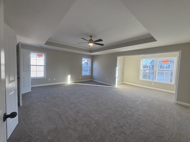 carpeted spare room with ceiling fan and a tray ceiling