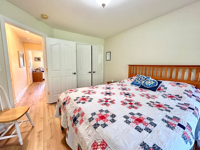 bedroom with light wood-type flooring and a closet