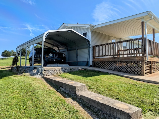 view of home's exterior with a wooden deck, a yard, and a carport