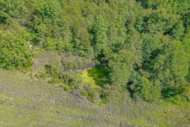 drone / aerial view featuring a forest view