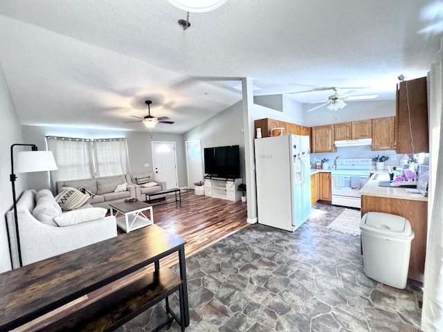 231 Hatfield St, Corbin, KY 40701 - living area featuring a ceiling fan, vaulted ceiling, a textured ceiling, and dark stone finish flooring