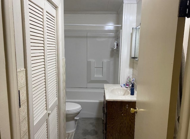 full bathroom featuring shower / tub combination, toilet, and vanity