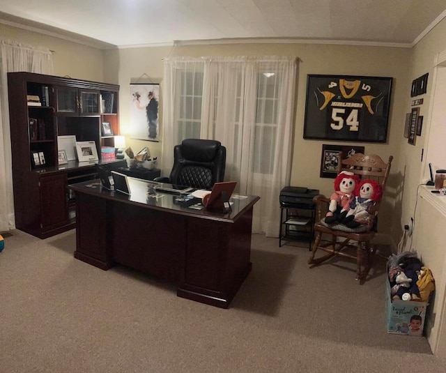 office area with crown molding and carpet flooring