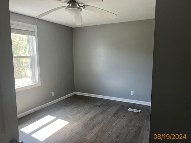 unfurnished room with ceiling fan, a wealth of natural light, and wood-type flooring