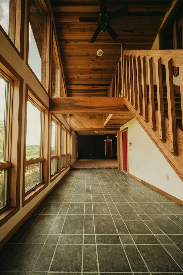 8594 Morehead Rd, Flemingsburg, KY 41041 - unfurnished living room with high vaulted ceiling, wood ceiling, ceiling fan, and baseboards