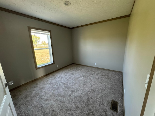 empty room with carpet flooring, ornamental molding, and a textured ceiling