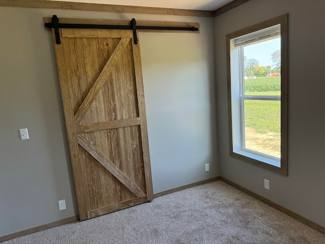 unfurnished room with carpet, a barn door, and a wealth of natural light