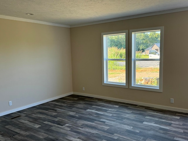 unfurnished room featuring a textured ceiling, crown molding, and dark hardwood / wood-style flooring