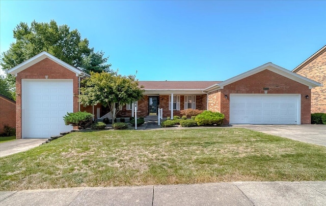 ranch-style house with covered porch, a garage, and a front lawn