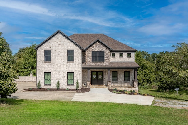 view of front of house with a shingled roof, french doors, a front yard, a porch, and brick siding