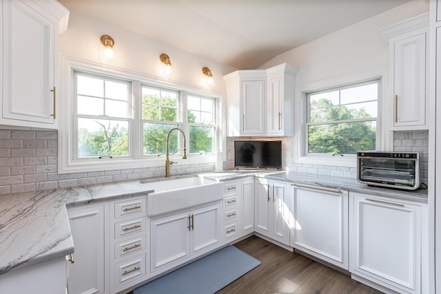 kitchen featuring tasteful backsplash, a healthy amount of sunlight, a sink, and white cabinets