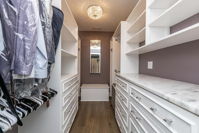 walk in closet with dark wood-style floors and visible vents