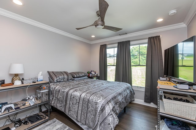 bedroom with ornamental molding, recessed lighting, dark wood-style flooring, and visible vents