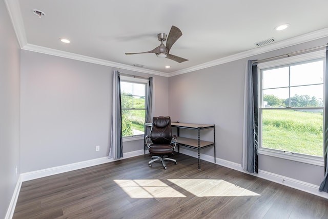 office space featuring dark wood-style floors, visible vents, and ornamental molding