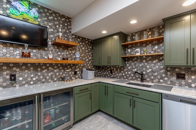 bar featuring dishwasher, beverage cooler, a sink, and backsplash