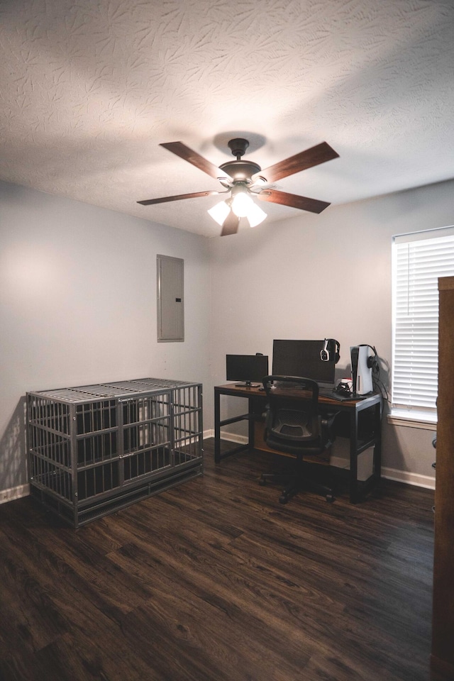 home office featuring a textured ceiling, ceiling fan, dark hardwood / wood-style flooring, and electric panel