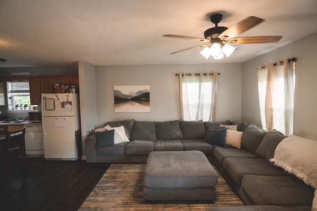 living room featuring ceiling fan, dark hardwood / wood-style floors, and plenty of natural light