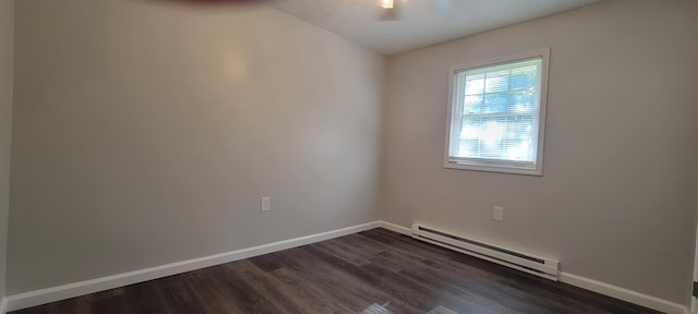 spare room with dark hardwood / wood-style flooring and baseboard heating