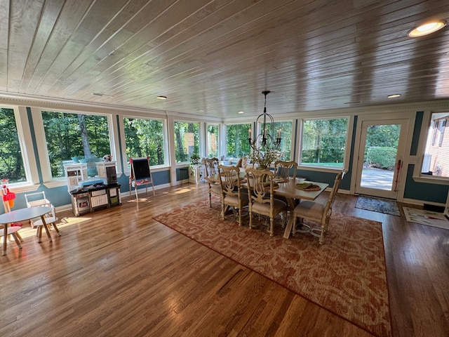 dining space with wood ceiling and wood-type flooring