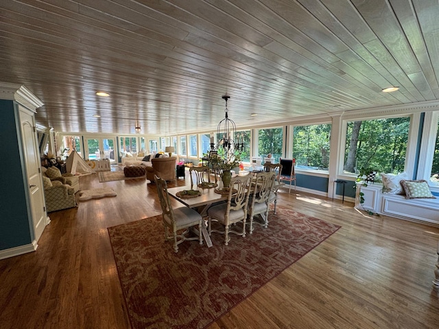 dining room featuring wood ceiling, hardwood / wood-style floors, and a healthy amount of sunlight