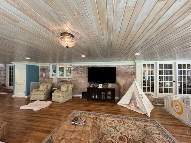 unfurnished living room featuring wood ceiling, brick wall, crown molding, and dark hardwood / wood-style flooring