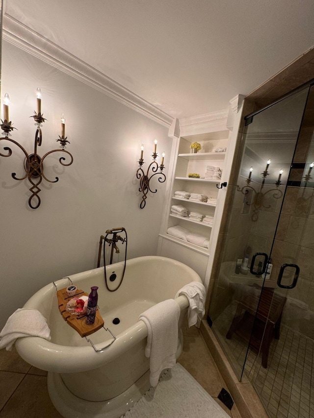 bathroom with ornamental molding, independent shower and bath, and tile patterned flooring