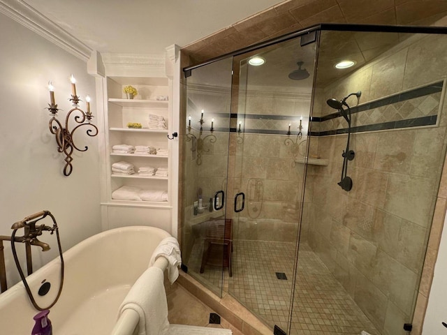 bathroom featuring shower with separate bathtub and ornamental molding