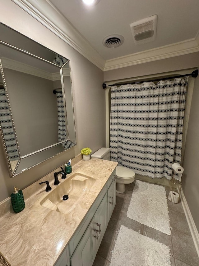 bathroom with a shower with curtain, toilet, tile patterned flooring, vanity, and crown molding